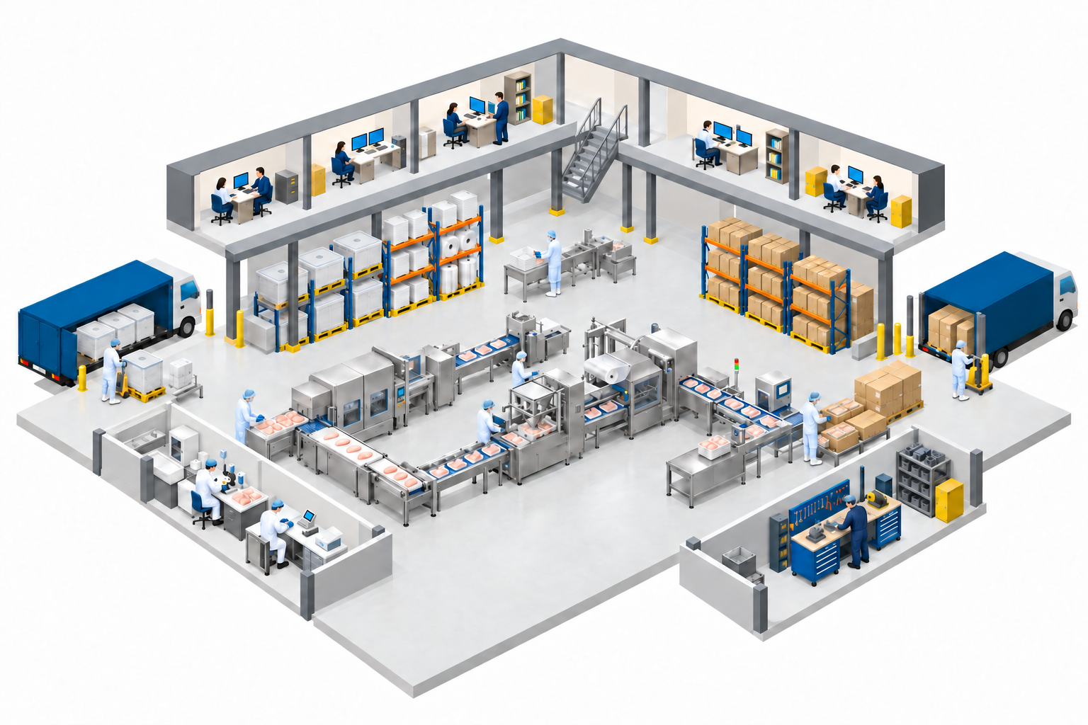 Isometric food factory with goods receipt on the left, five offices above production, quality control at the front left and maintenance at the front right