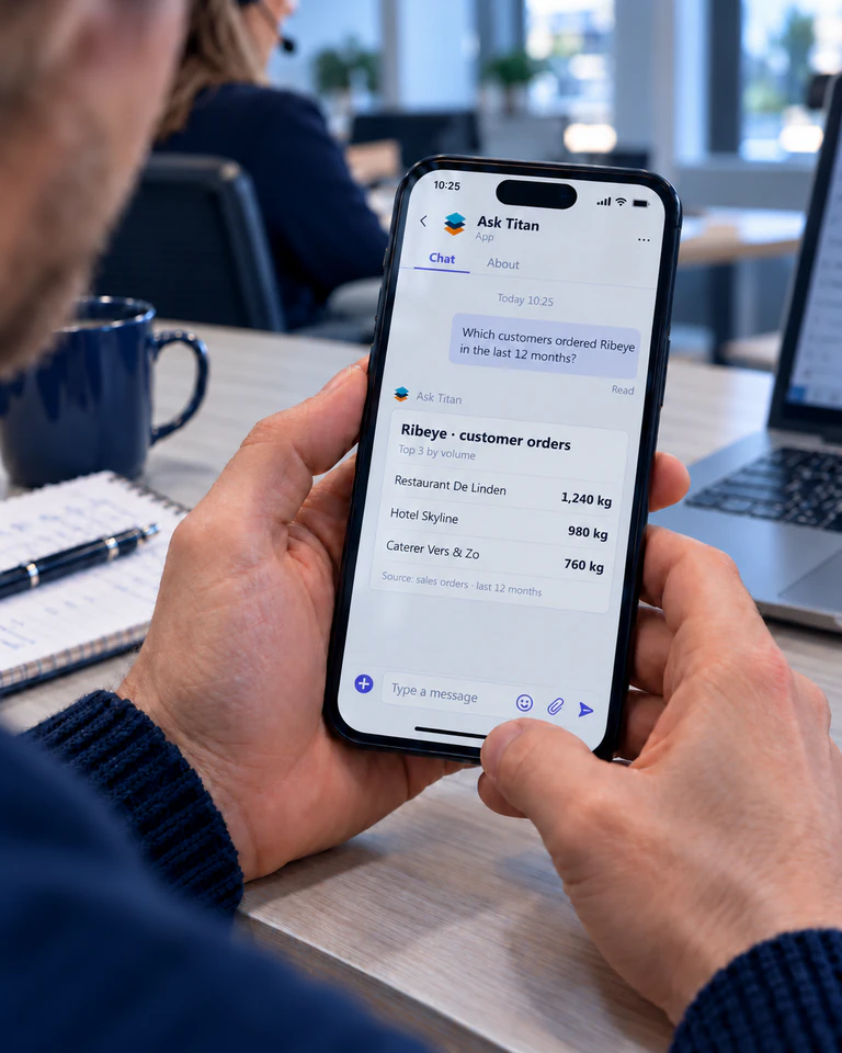Ask Titan conversation in Microsoft Teams on a mobile phone