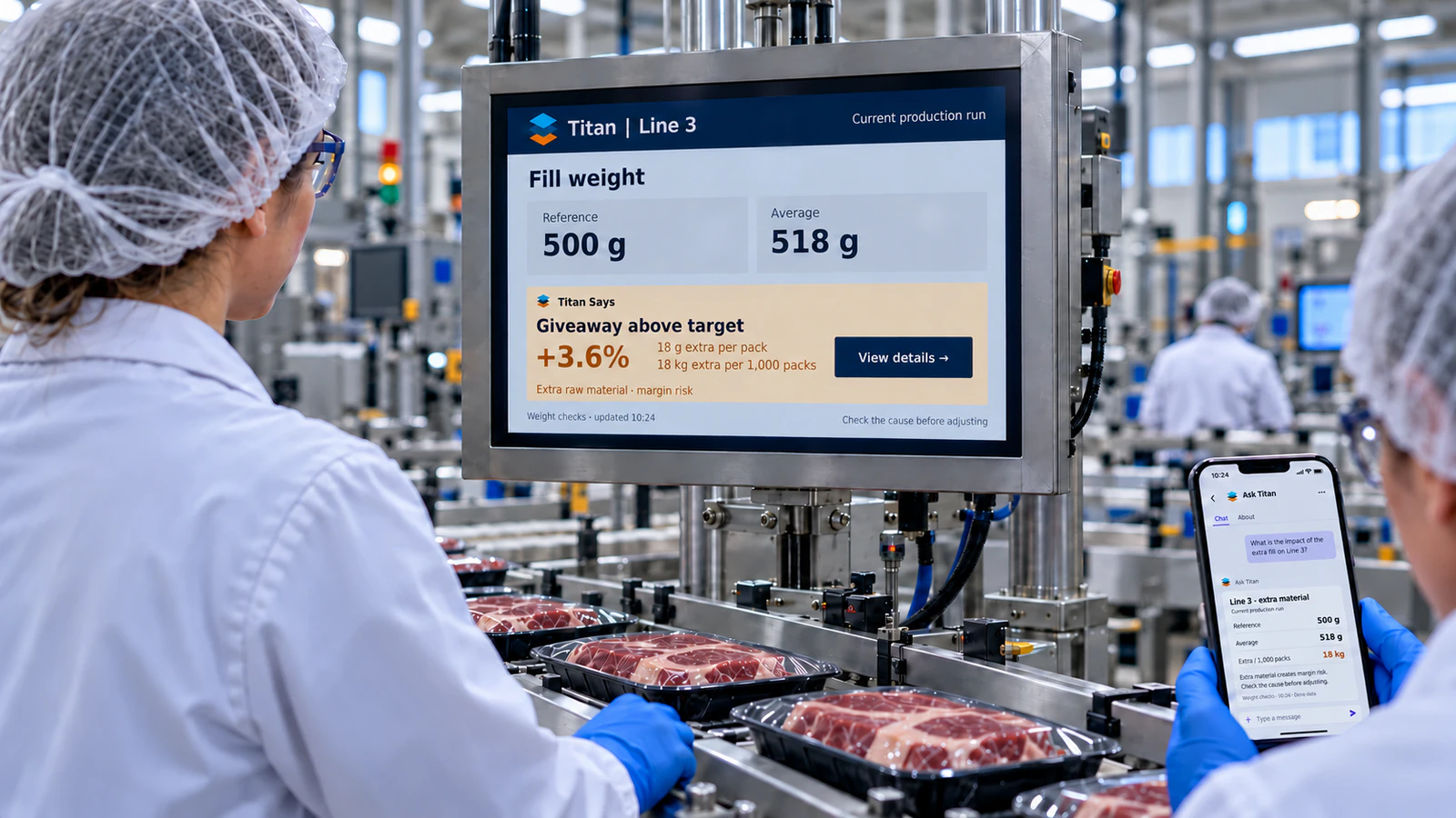 Titan production data, an amber Titan Says fill-weight alert and an Ask Titan conversation in Microsoft Teams in a food production setting.