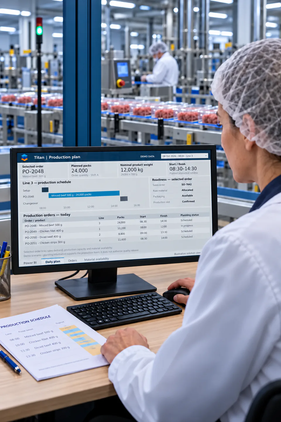 A production supervisor plans an order using a Titan Power BI report in the factory office.